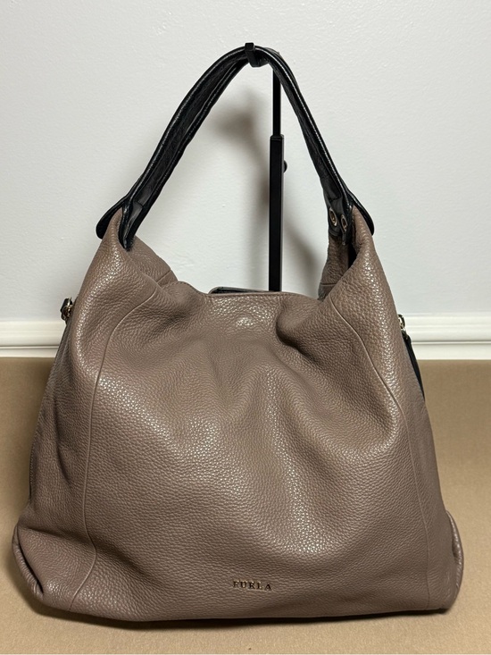 Furla Handbags - Furla Taupe Grey Pebbled Leather Hobo Shoulder Bag | Side Zip Expansion Panels